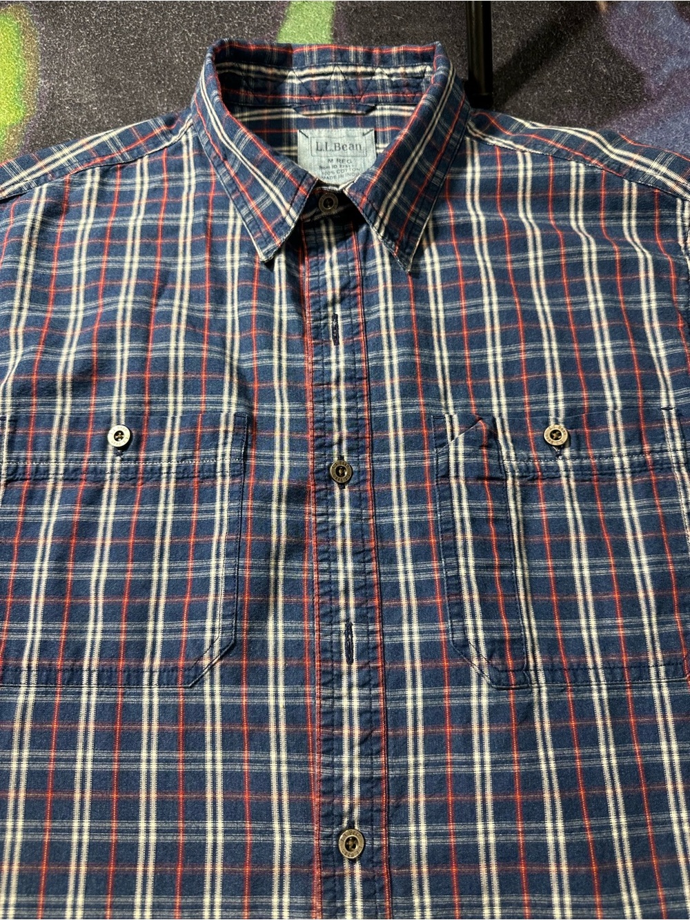 L.L. Bean Navy Plaid Button-Down Shirt with Red Accents Size Medium